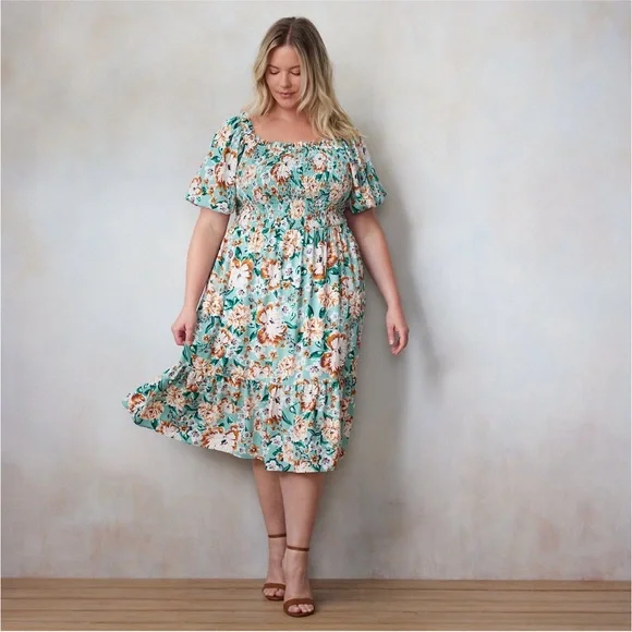 Plus Size LC Lauren Conrad Balloon Sleeve Smocked Floral Midi Dress - Picture 1 of 12